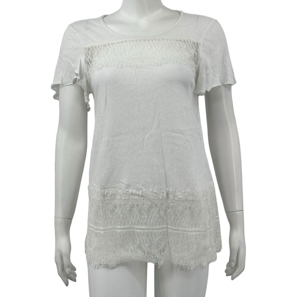 Deletta Anthropologie Top Womens XS‎ Lace Flutter Sleeves White Linen Fairy Boho
